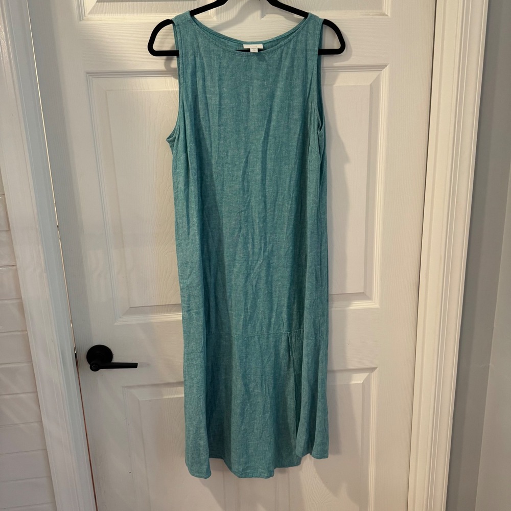 Pure Jill Linen Blend Dress Women Medium Petite Teal Good Sleeveless Midi Pocket
